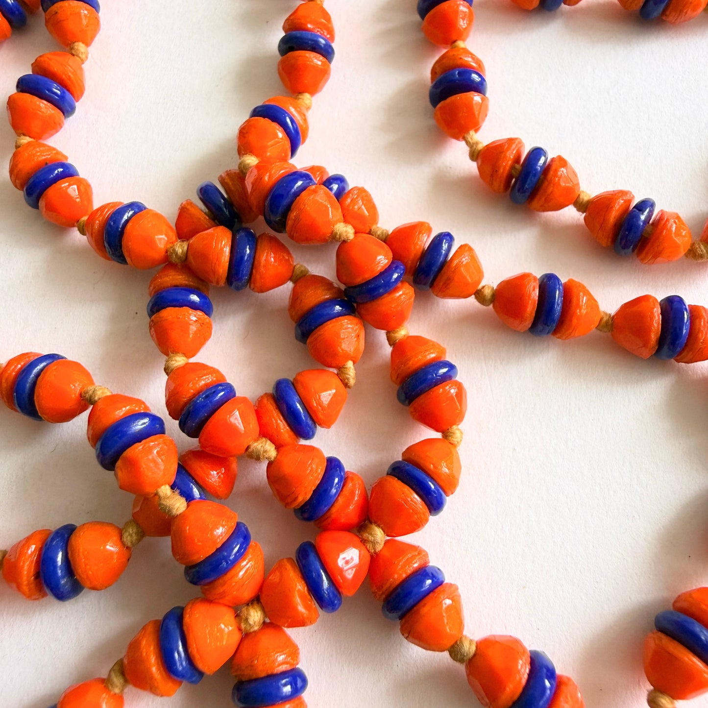 Vintage Czech Glass Bead Necklace Orange Cobalt Blue Long Sautoir 54" (c. 1930s)
