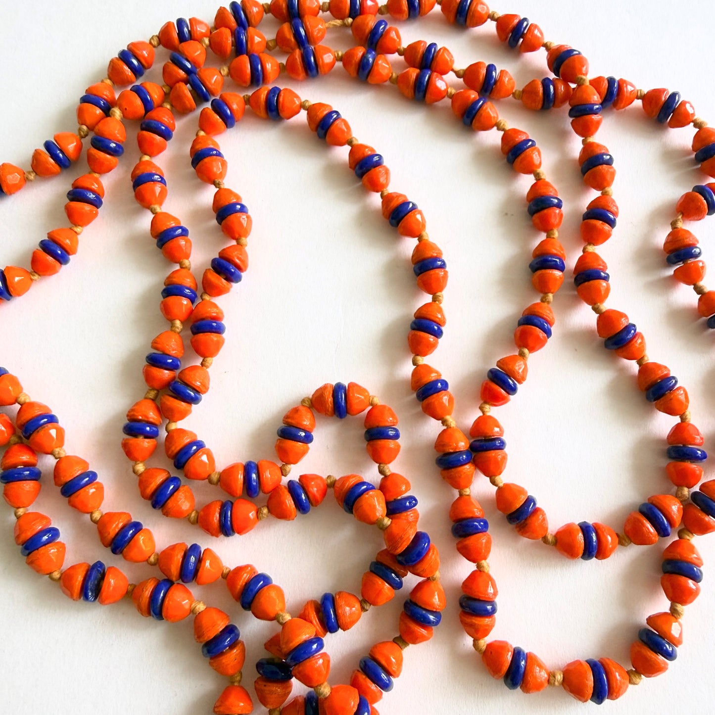Vintage Czech Glass Bead Necklace Orange Cobalt Blue Long Sautoir 54" (c. 1930s)