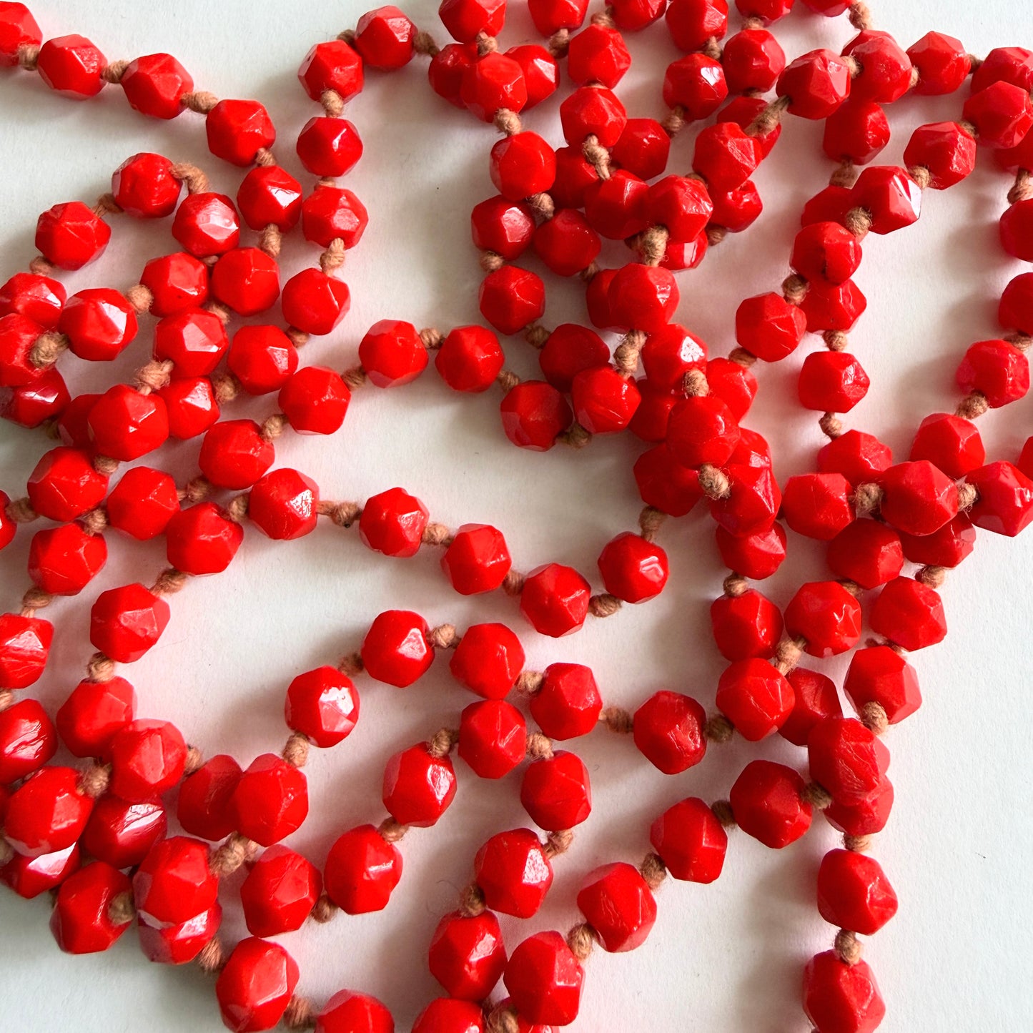 Vintage Czech Glass Bead Necklace Red Faceted Long Strand 64" (Opera Length Style) (c. 1920s–30s)