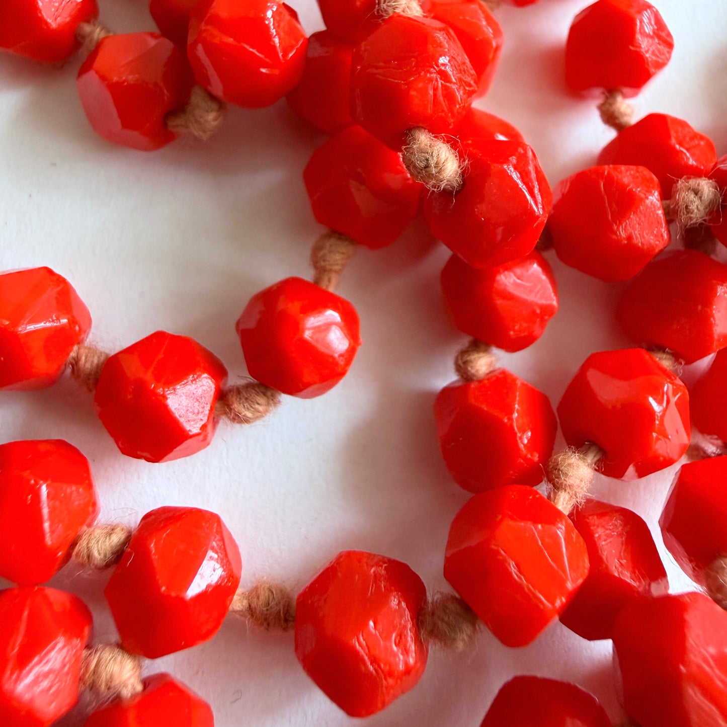 Vintage Czech Glass Bead Necklace Red Faceted Long Strand 64" (Opera Length Style) (c. 1920s–30s)