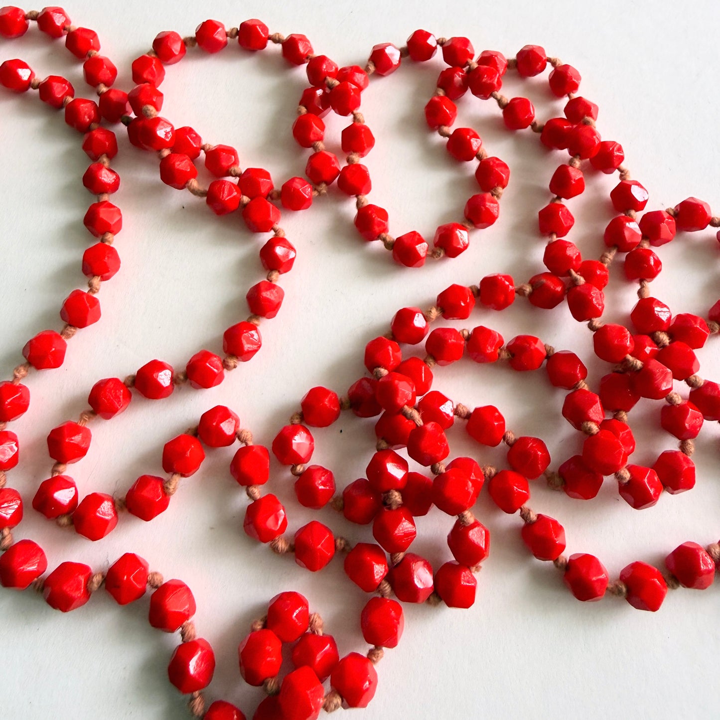 Vintage Czech Glass Bead Necklace Red Faceted Long Strand 64" (Opera Length Style) (c. 1920s–30s)