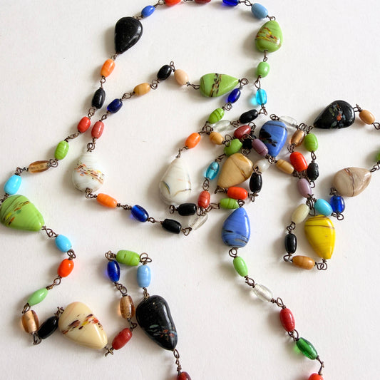 Vintage Czech Glass Long Necklace – Multicolor Marbled Beads Wired Link Station Necklace 1930s