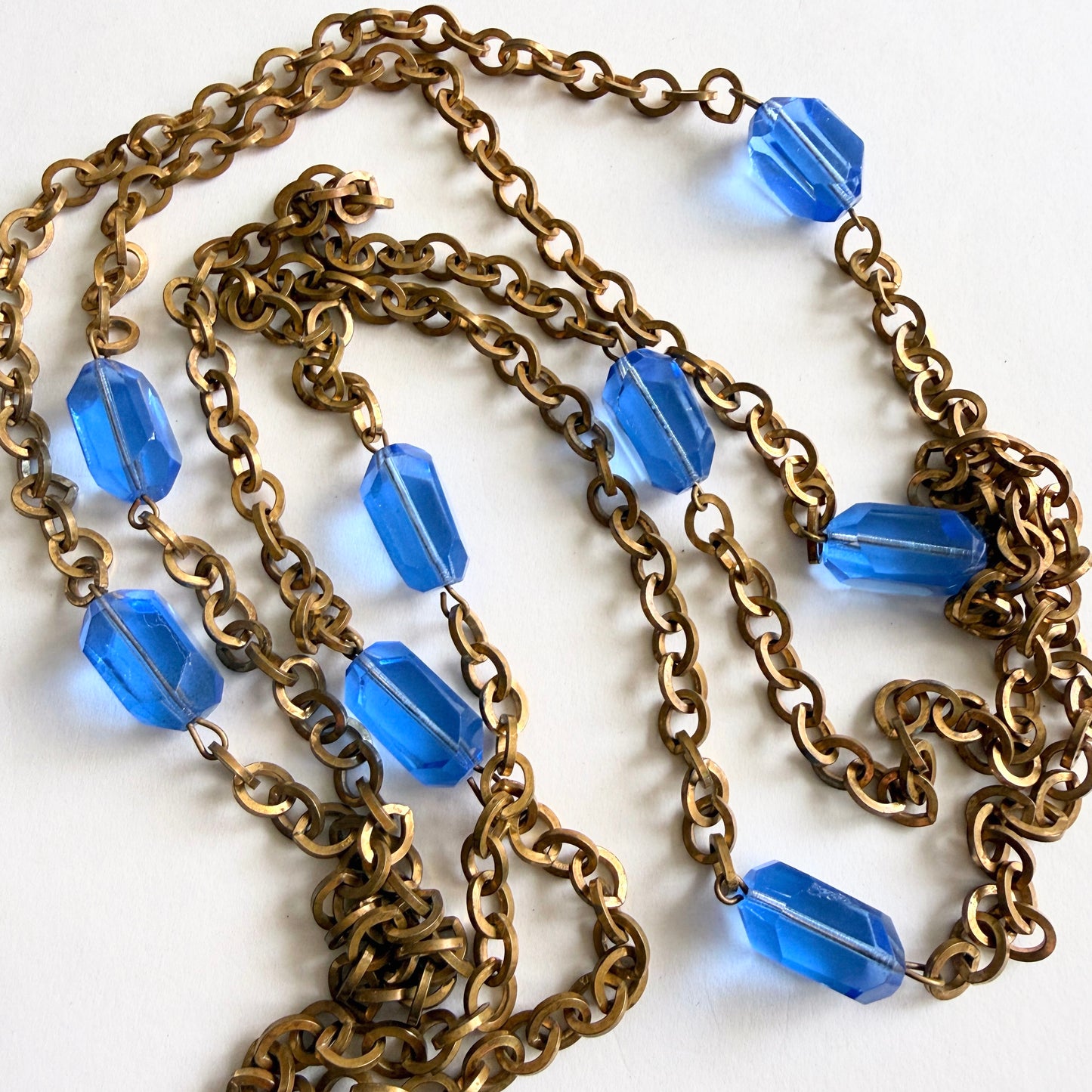 Vintage Czech Blue Glass Long Necklace 58" Brass Chain Faceted Beads Over Head