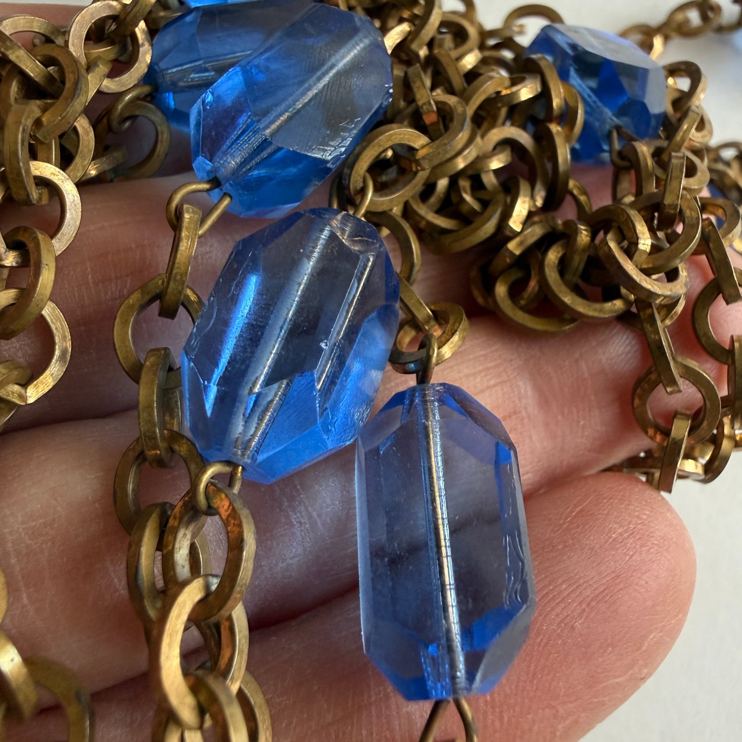Vintage Czech Blue Glass Long Necklace 58" Brass Chain Faceted Beads Over Head