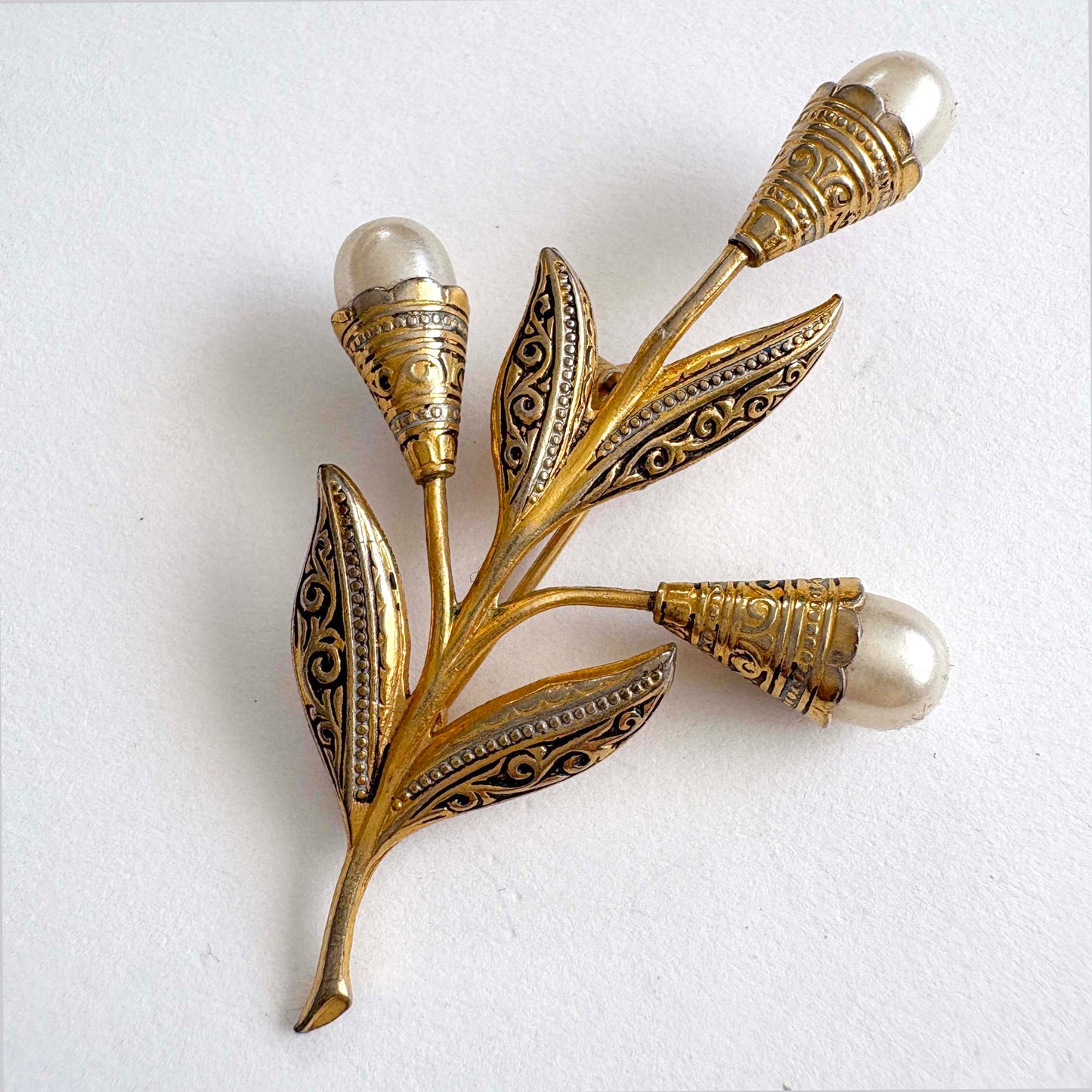 Vintage Spanish Damascene Floral Brooch with Faux Pearl Buds Gold Tone