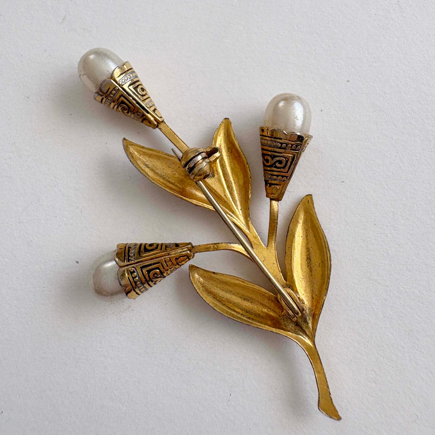 Vintage Spanish Damascene Floral Brooch with Faux Pearl Buds Gold Tone