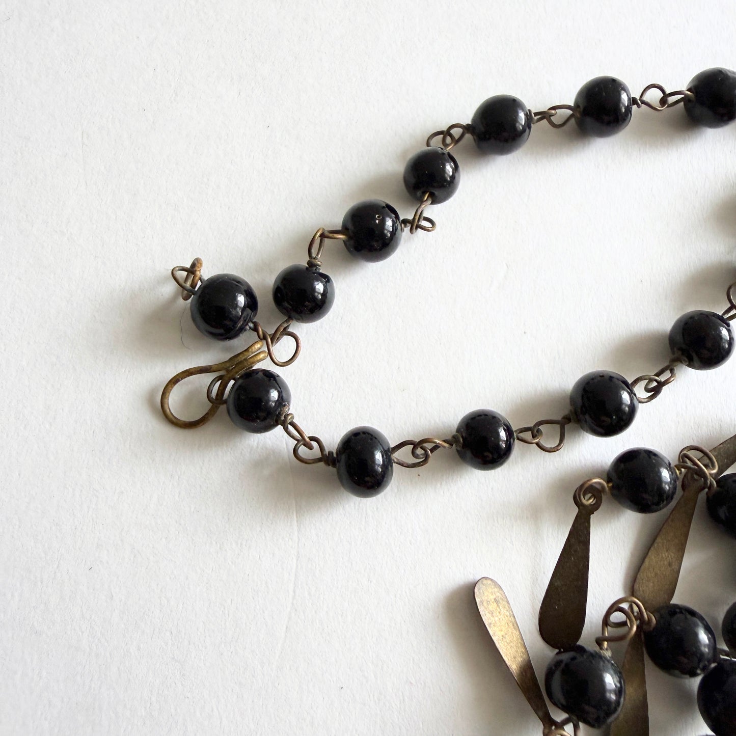 Antique Czech Glass Fringe Bib Necklace Black Glass and Brass Bohemian Revival (c. 1910s–20s)