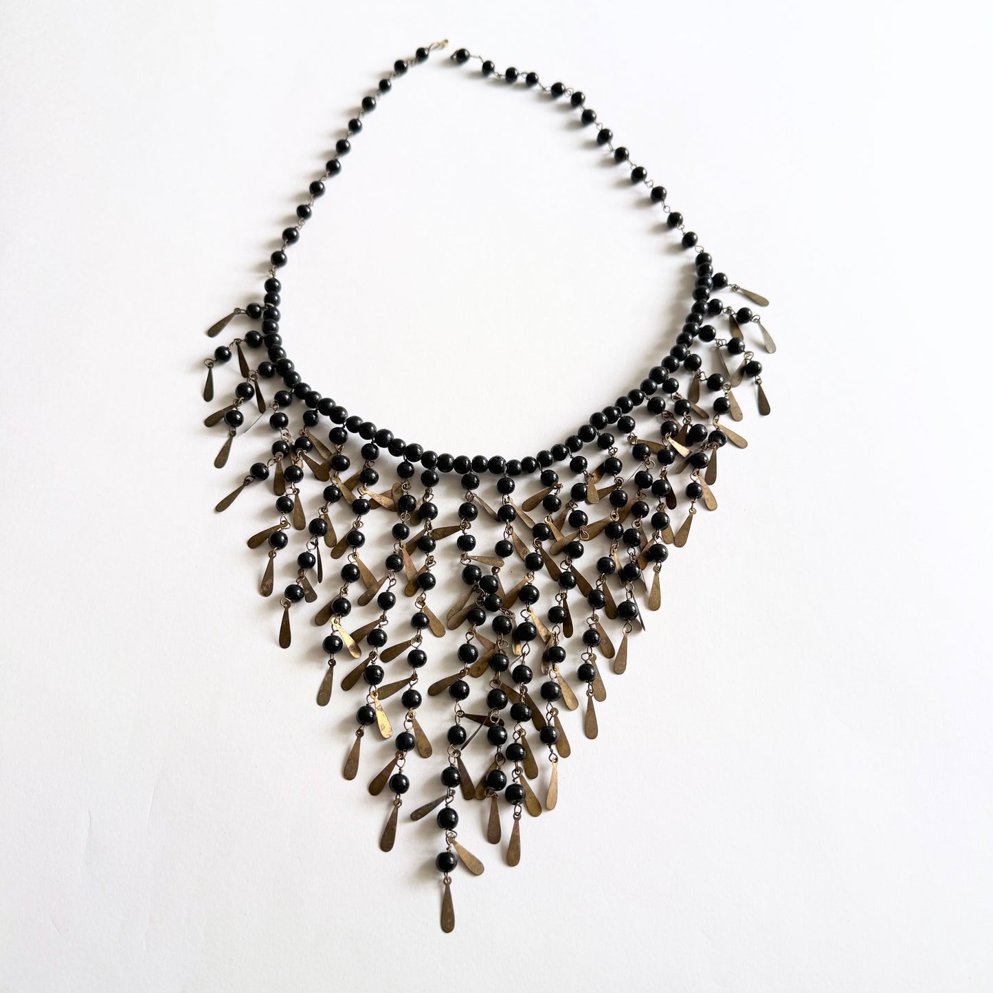 Antique Czech Glass Fringe Bib Necklace Black Glass and Brass Bohemian Revival (c. 1910s–20s)