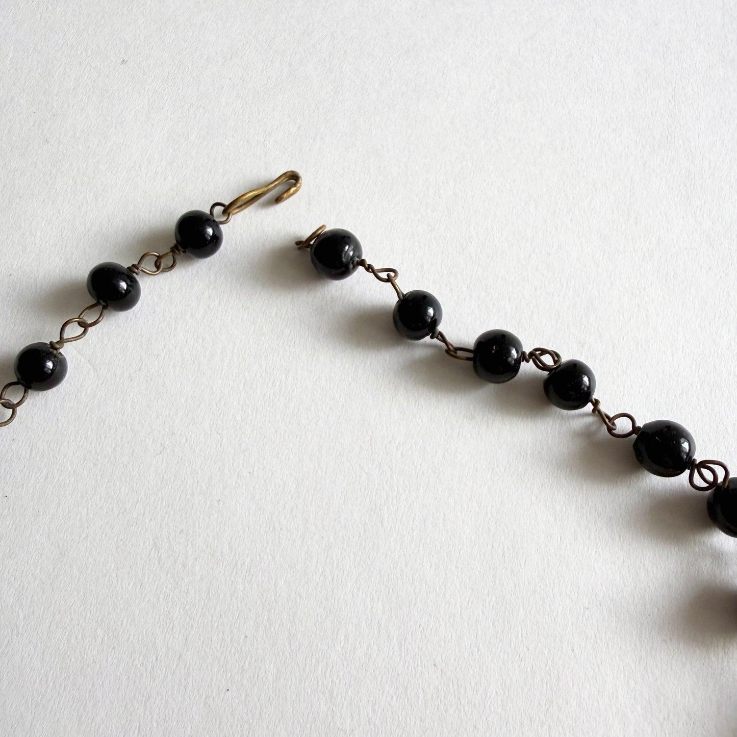 Antique Czech Glass Fringe Bib Necklace Black Glass and Brass Bohemian Revival (c. 1910s–20s)