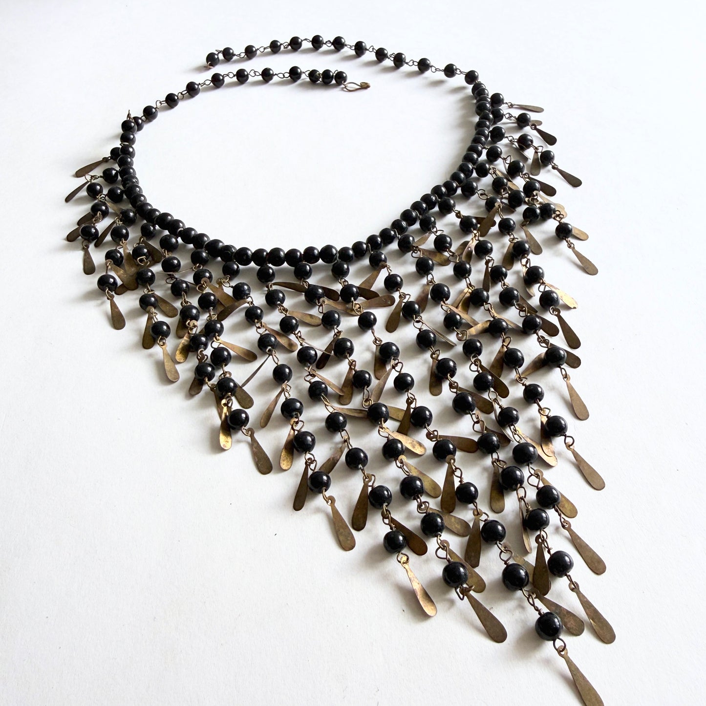 Antique Czech Glass Fringe Bib Necklace Black Glass and Brass Bohemian Revival (c. 1910s–20s)