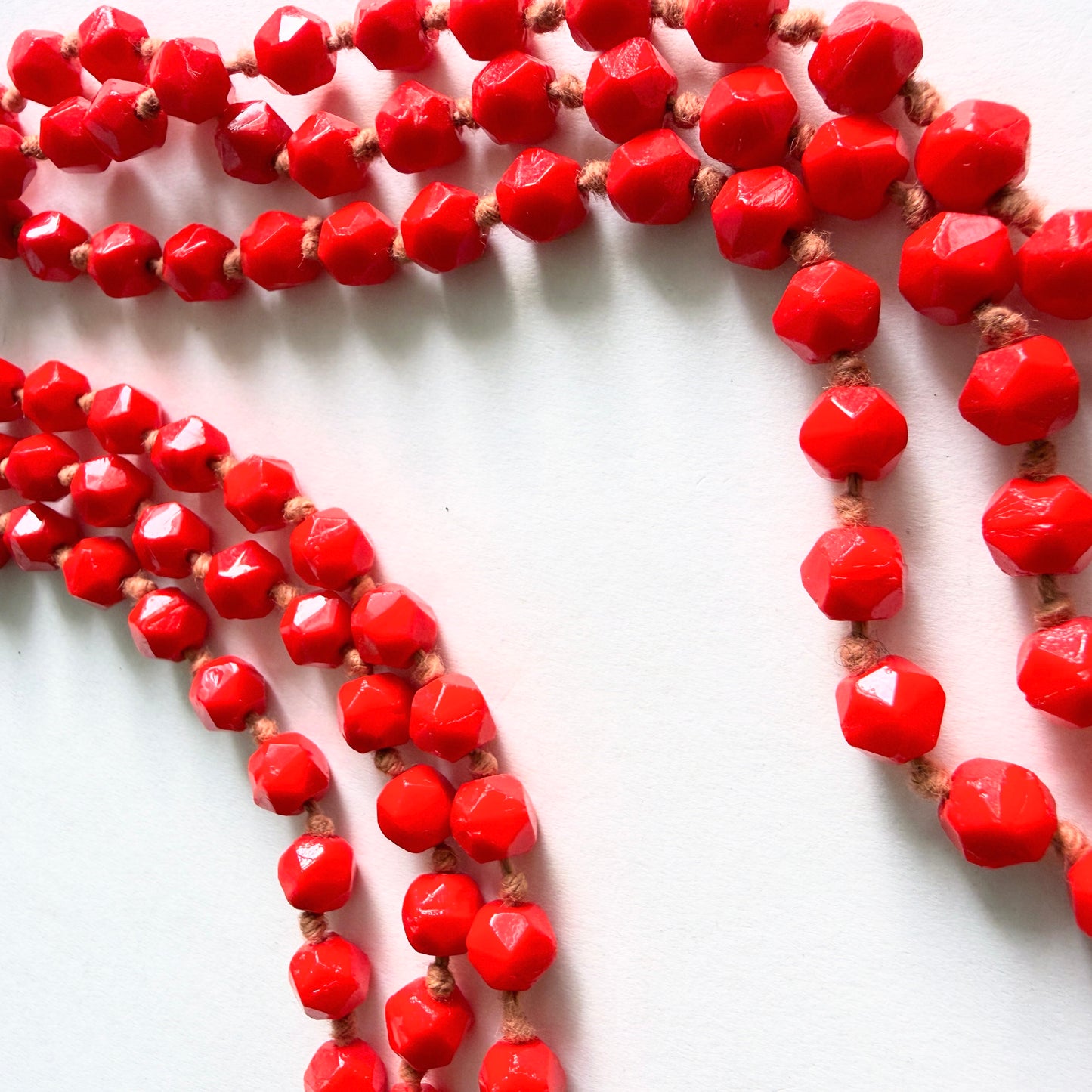 Vintage Czech Glass Bead Necklace Red Faceted Long Strand 64" (Opera Length Style) (c. 1920s–30s)
