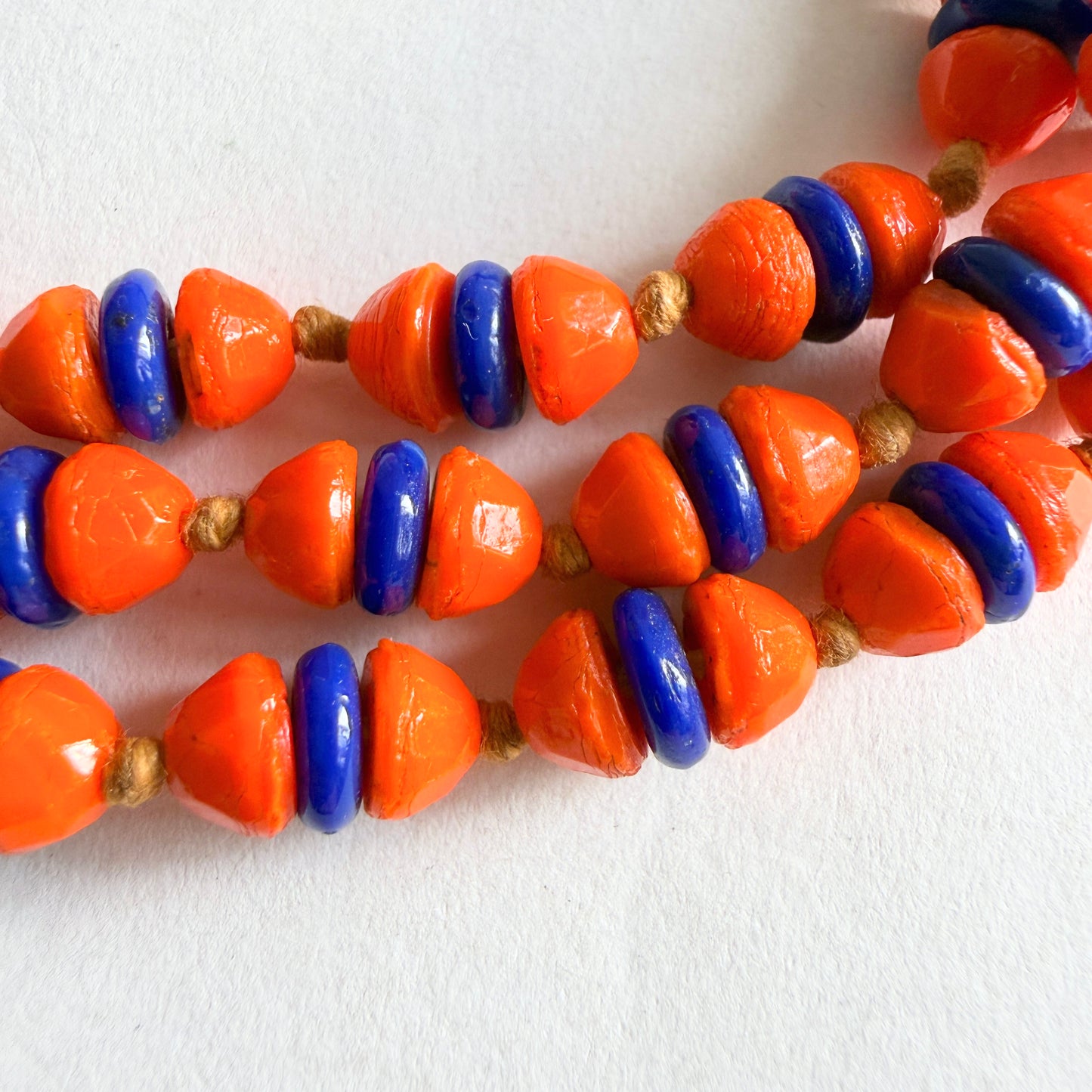 Vintage Czech Glass Bead Necklace Orange Cobalt Blue Long Sautoir 54" (c. 1930s)