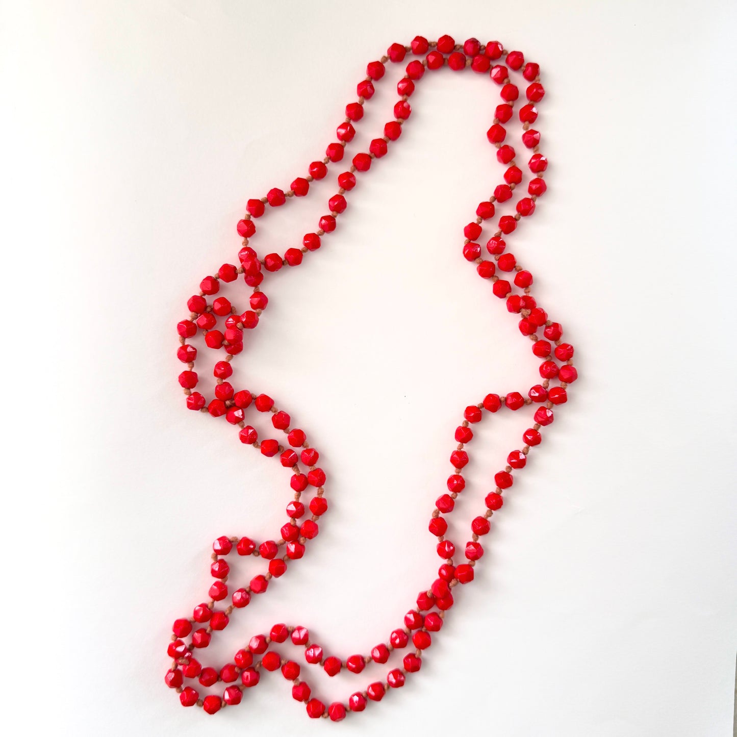 Vintage Czech Glass Bead Necklace Red Faceted Long Strand 64" (Opera Length Style) (c. 1920s–30s)