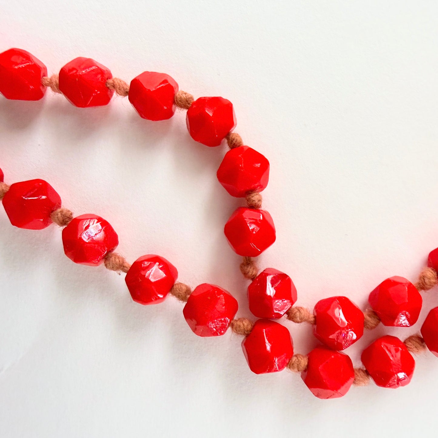 Vintage Czech Glass Bead Necklace Red Faceted Long Strand 64" (Opera Length Style) (c. 1920s–30s)