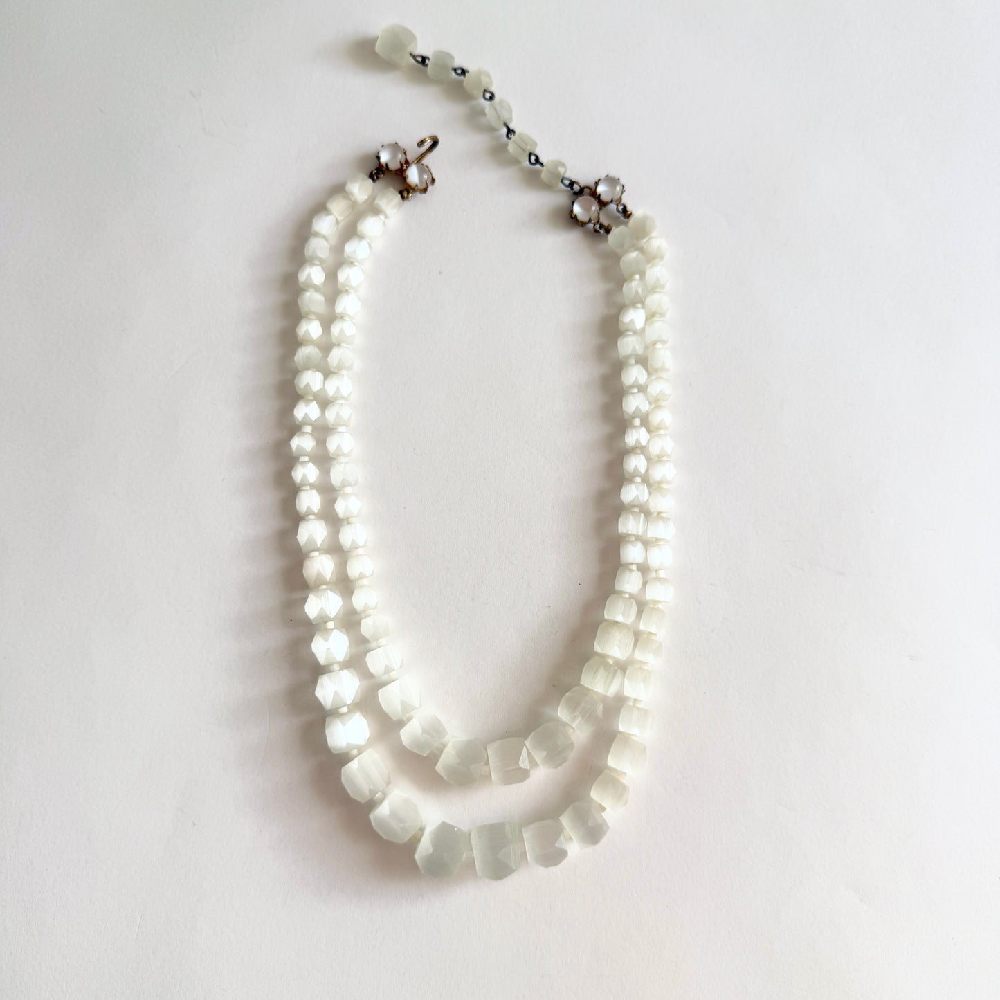 Vintage Czech Satin Atlas Glass Necklace Milky White Faceted Graduated Beads Art Deco Style