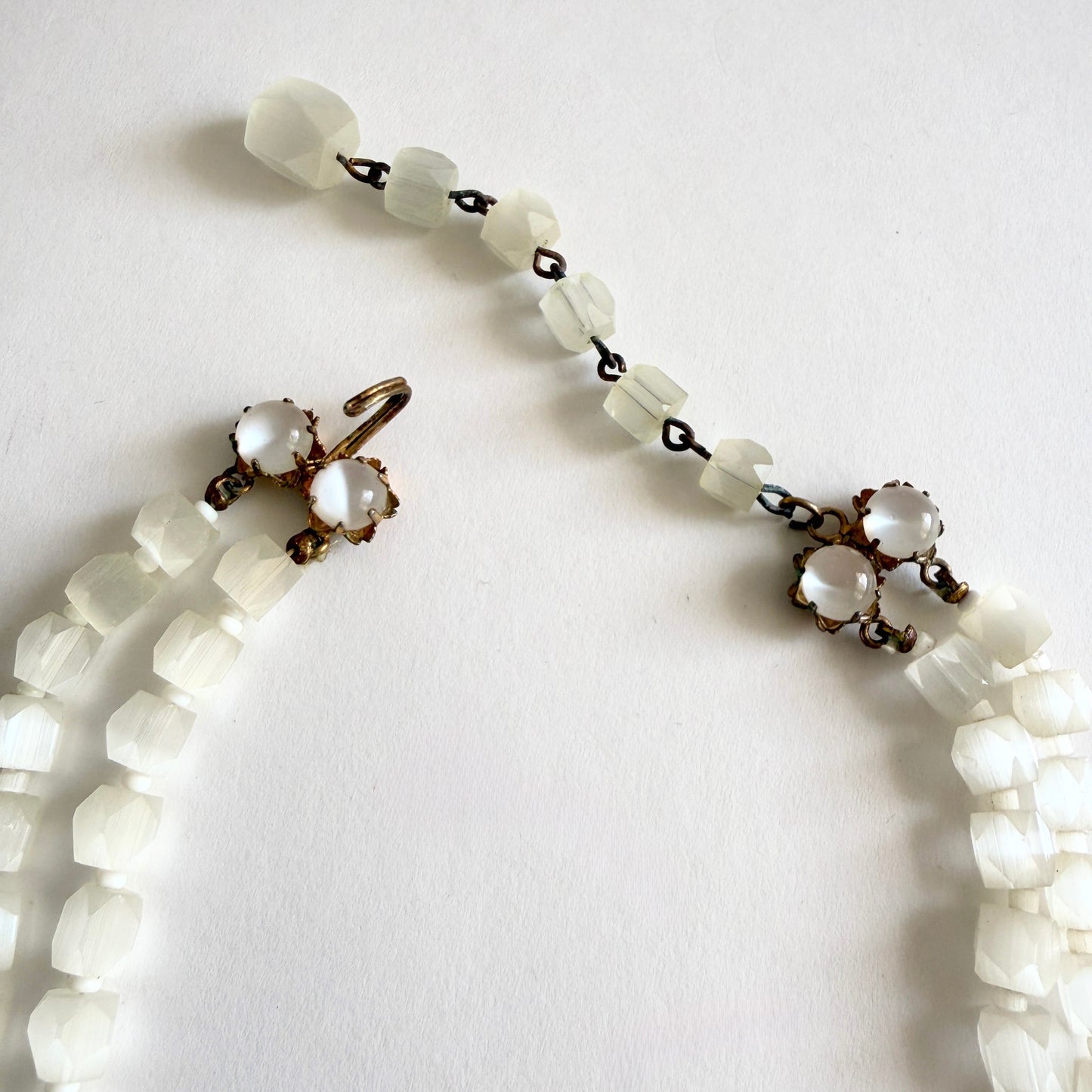 Vintage Czech Satin Atlas Glass Necklace Milky White Faceted Graduated Beads Art Deco Style