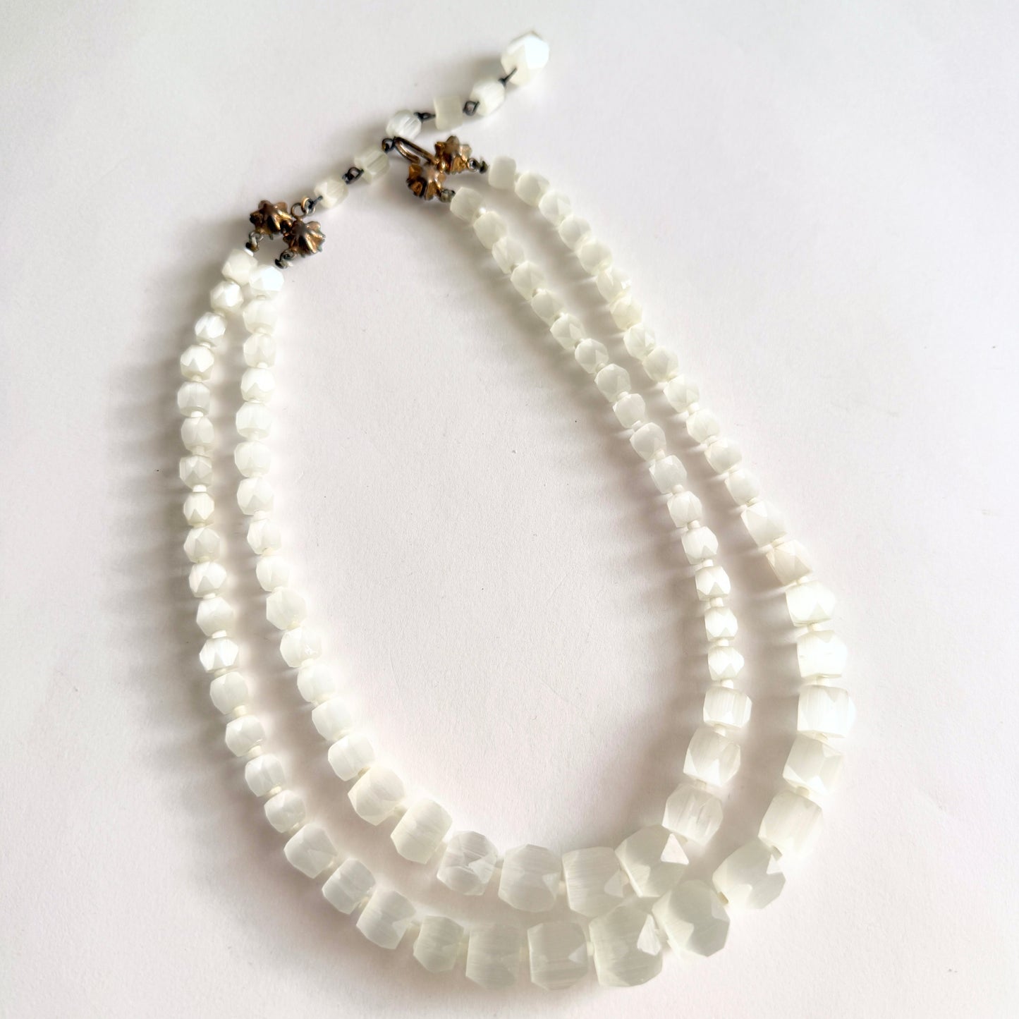 Vintage Czech Satin Atlas Glass Necklace Milky White Faceted Graduated Beads Art Deco Style