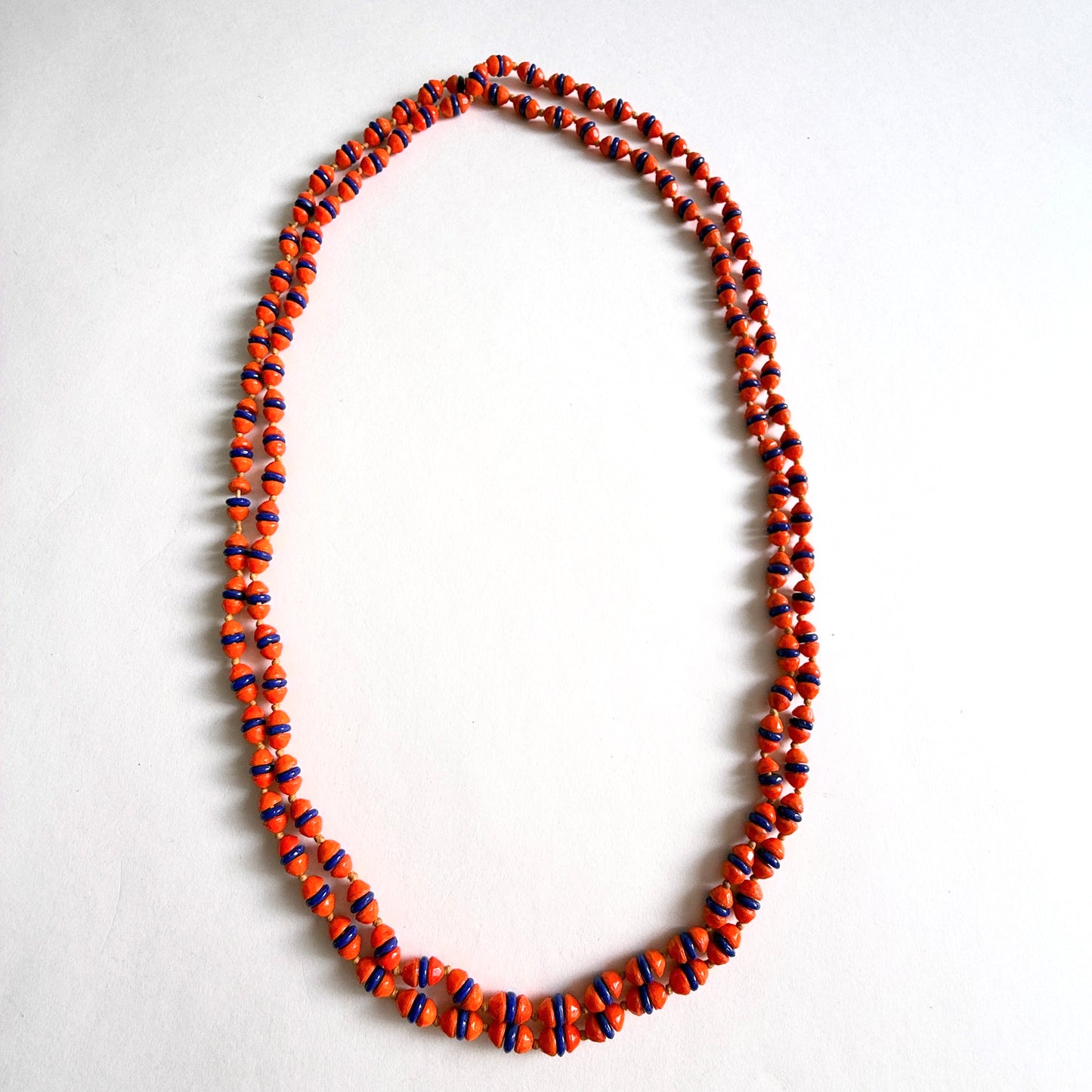 Vintage Czech Glass Bead Necklace Orange Cobalt Blue Long Sautoir 54" (c. 1930s)