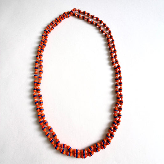 Vintage Czech Glass Bead Necklace Orange Cobalt Blue Long Sautoir 54" (c. 1930s)