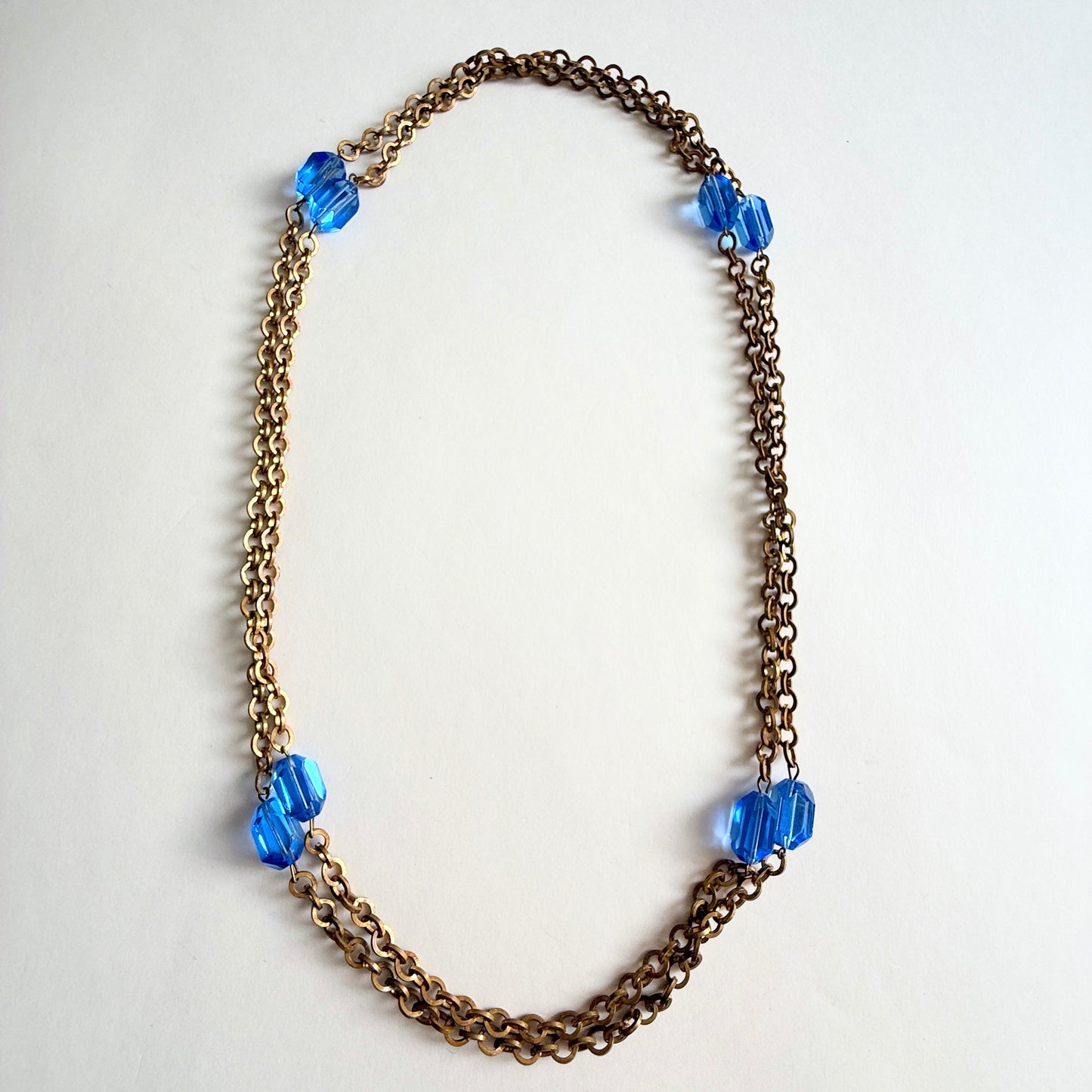 Vintage Czech Blue Glass Long Necklace 58" Brass Chain Faceted Beads Over Head