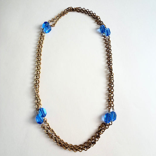 Vintage Czech Blue Glass Long Necklace 58" Brass Chain Faceted Beads Over Head