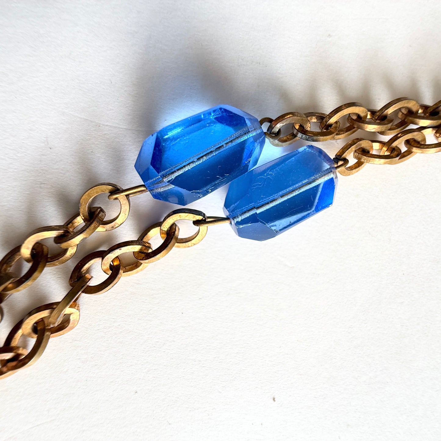Vintage Czech Blue Glass Long Necklace 58" Brass Chain Faceted Beads Over Head