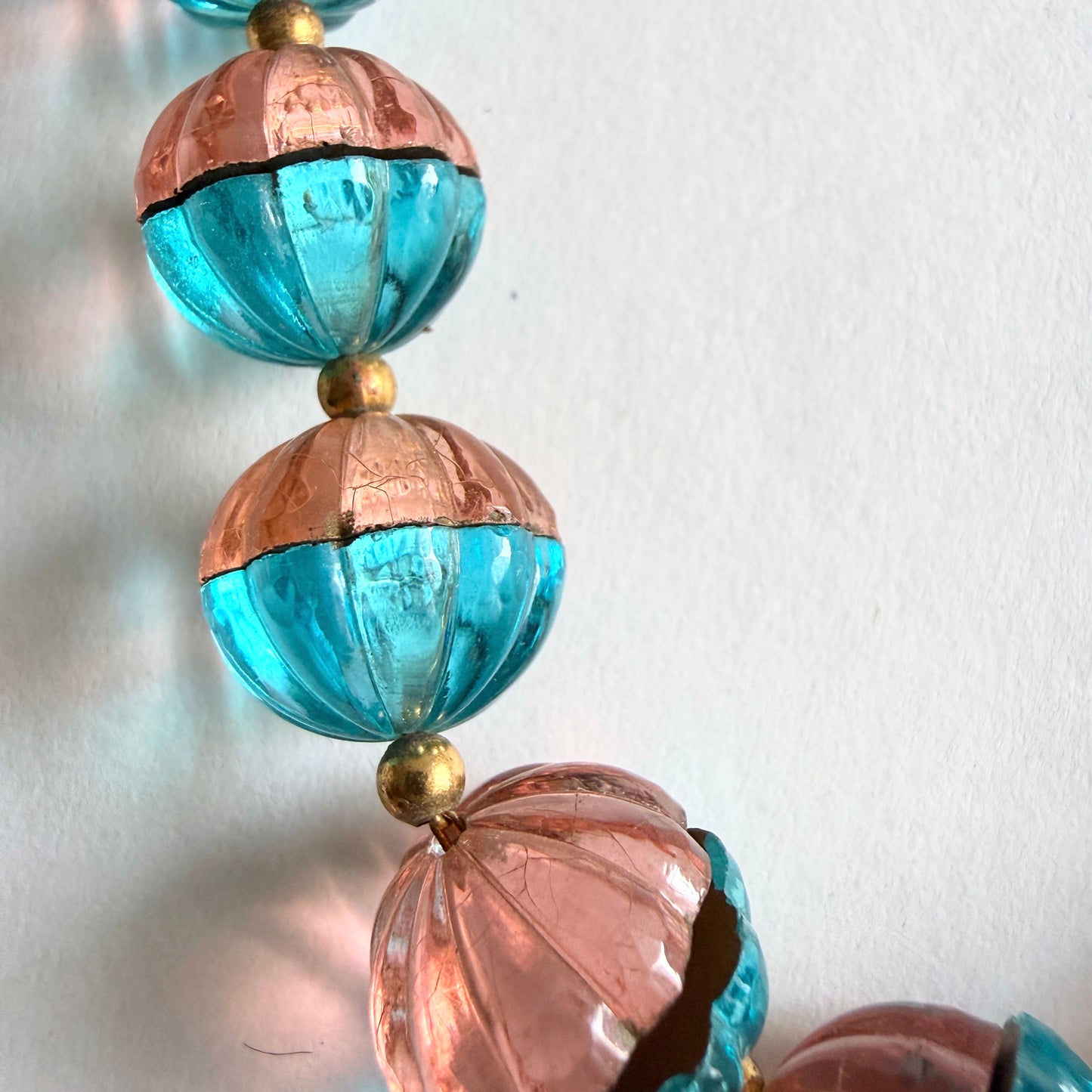 Vintage Czech Glass Necklace Rosalin Pink Aqua Blue Divided Ribbed Beads Art Deco Style