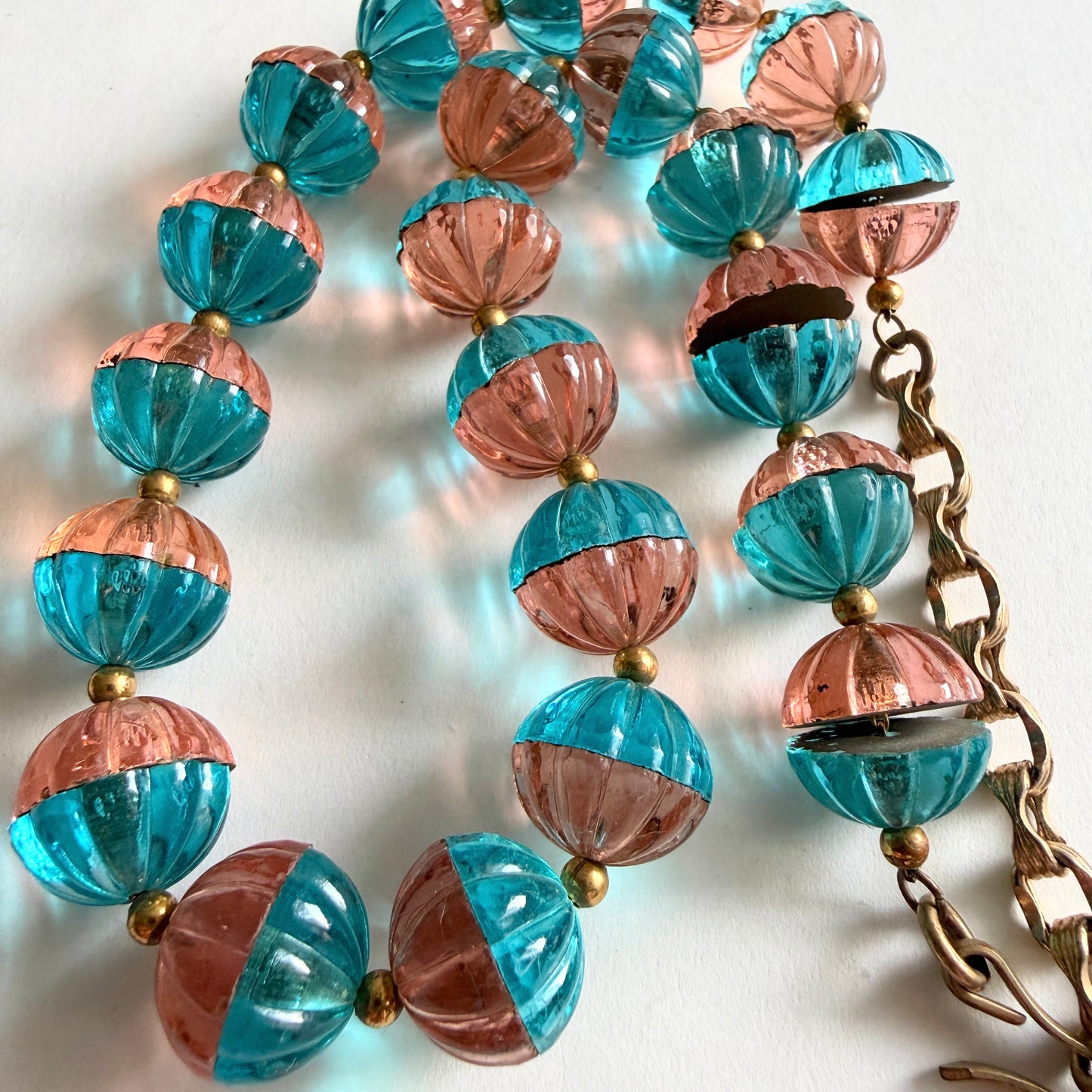 Vintage Czech Glass Necklace Rosalin Pink Aqua Blue Divided Ribbed Beads Art Deco Style