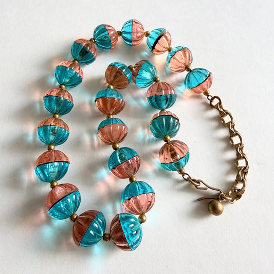 Vintage Czech Glass Necklace Rosalin Pink Aqua Blue Divided Ribbed Beads Art Deco Style