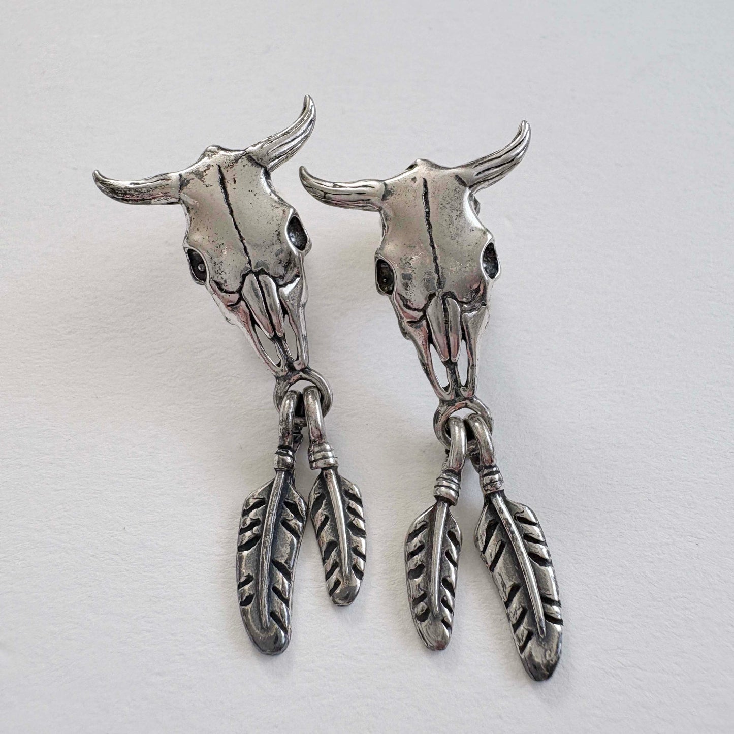Masha Southwest Style Sterling Silver Steer Skull Dangle Earrings