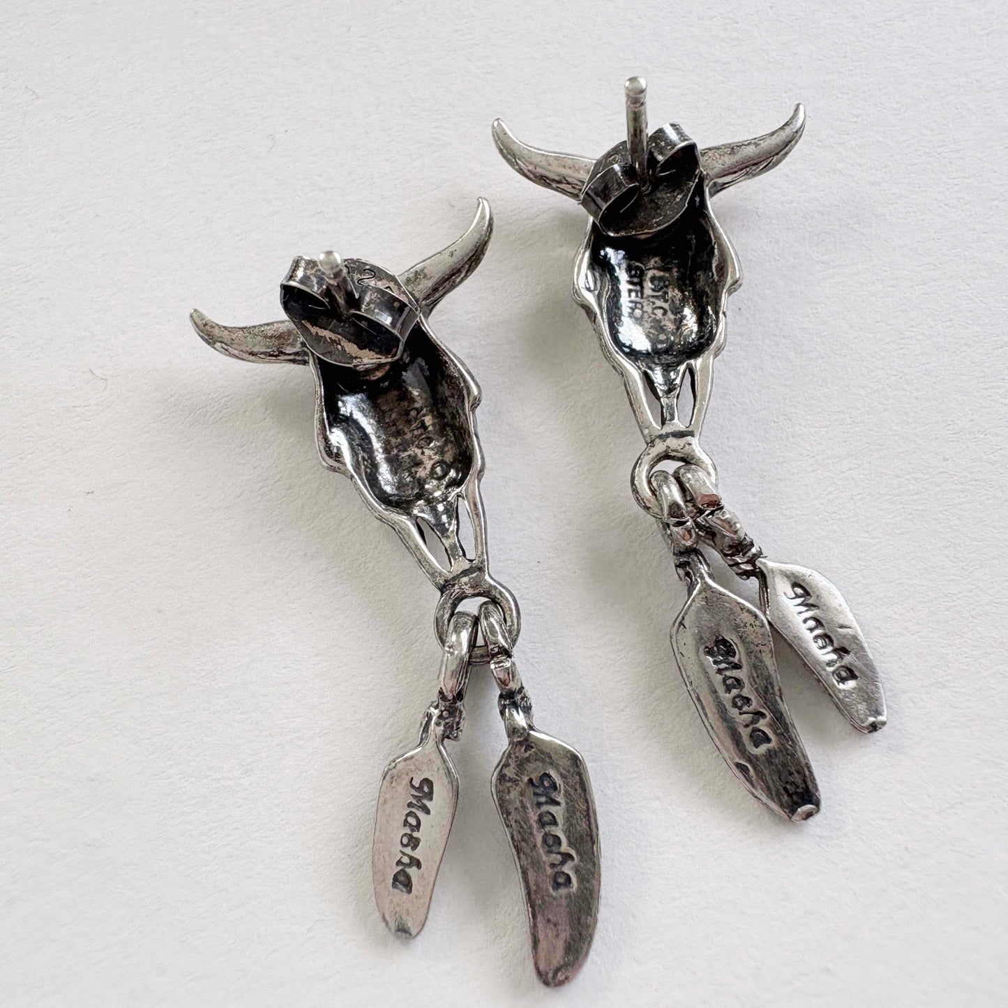 Masha Southwest Style Sterling Silver Steer Skull Dangle Earrings