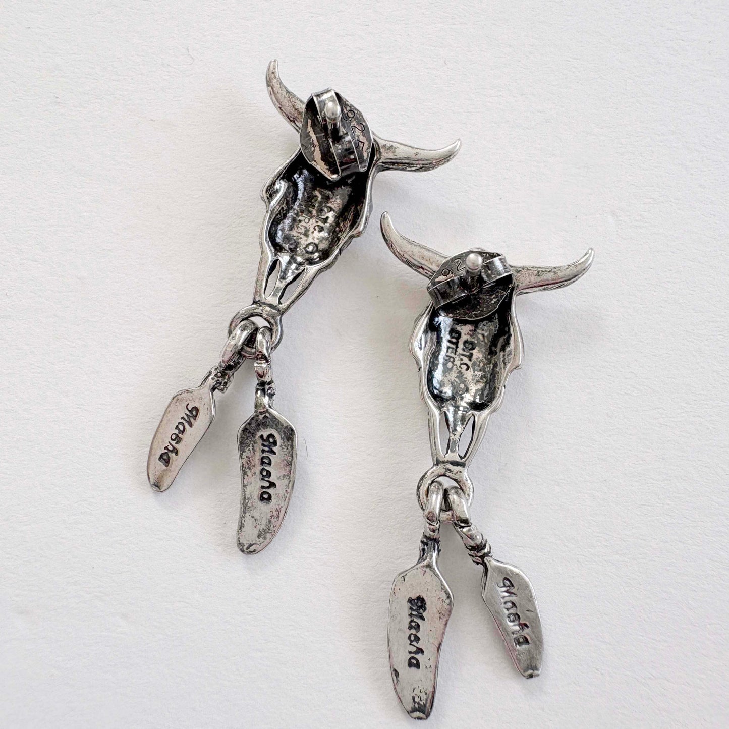 Masha Southwest Style Sterling Silver Steer Skull Dangle Earrings