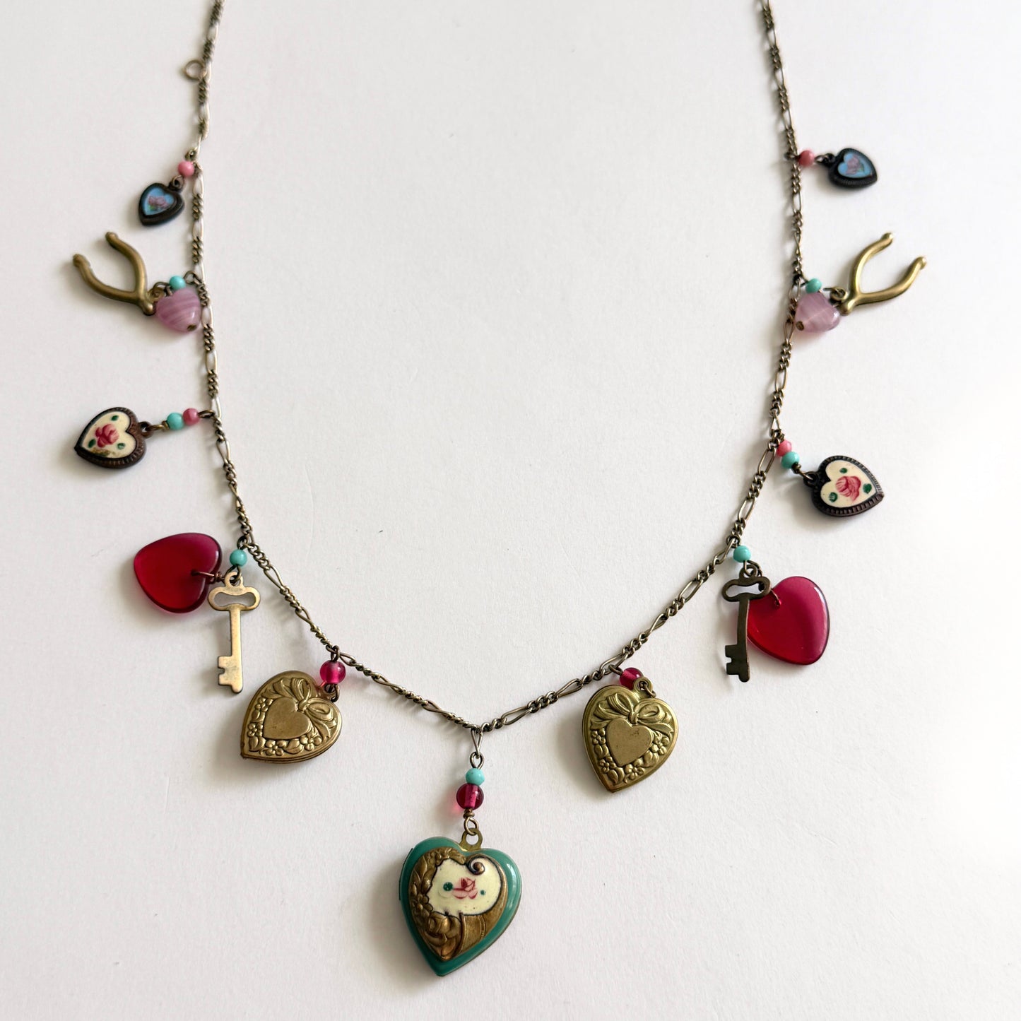 Vintage Lucy Isaacs NYC Charm Necklace Heart Locket Glass Hearts Keys Romantic c. 1990s