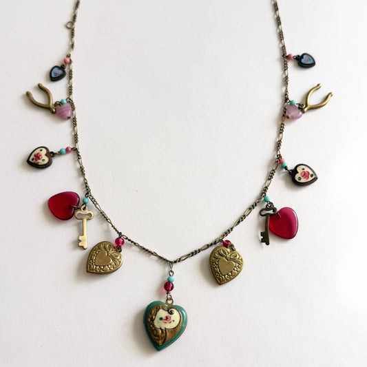 Vintage Lucy Isaacs NYC Charm Necklace Heart Locket Glass Hearts Keys Romantic c. 1990s