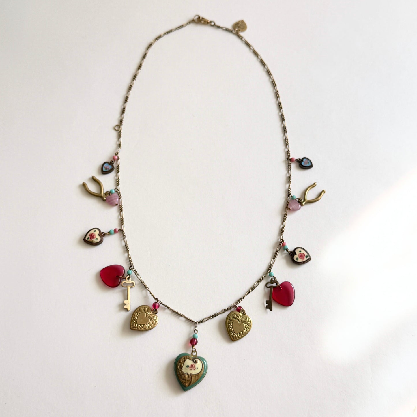 Vintage Lucy Isaacs NYC Charm Necklace Heart Locket Glass Hearts Keys Romantic c. 1990s