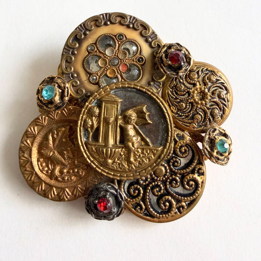 Large Vintage Button Assemblage Brooch Cupid Motif Brass Wearable Art Statement Pin