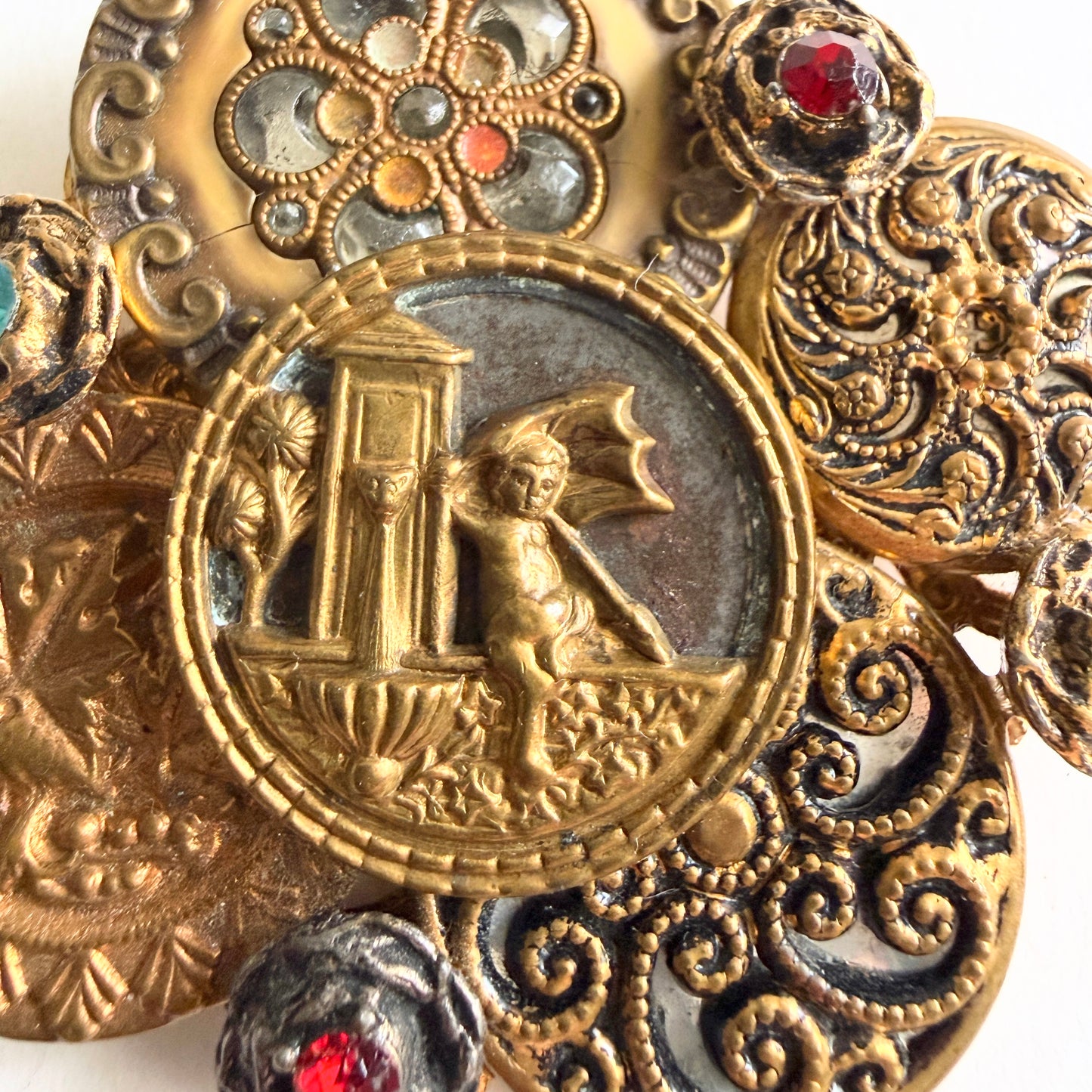 Large Vintage Button Assemblage Brooch Cupid Motif Brass Wearable Art Statement Pin