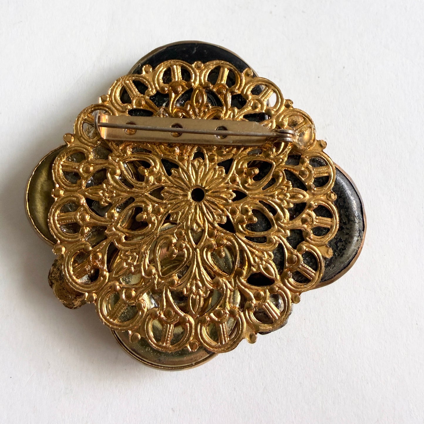 Large Vintage Button Assemblage Brooch Cupid Motif Brass Wearable Art Statement Pin