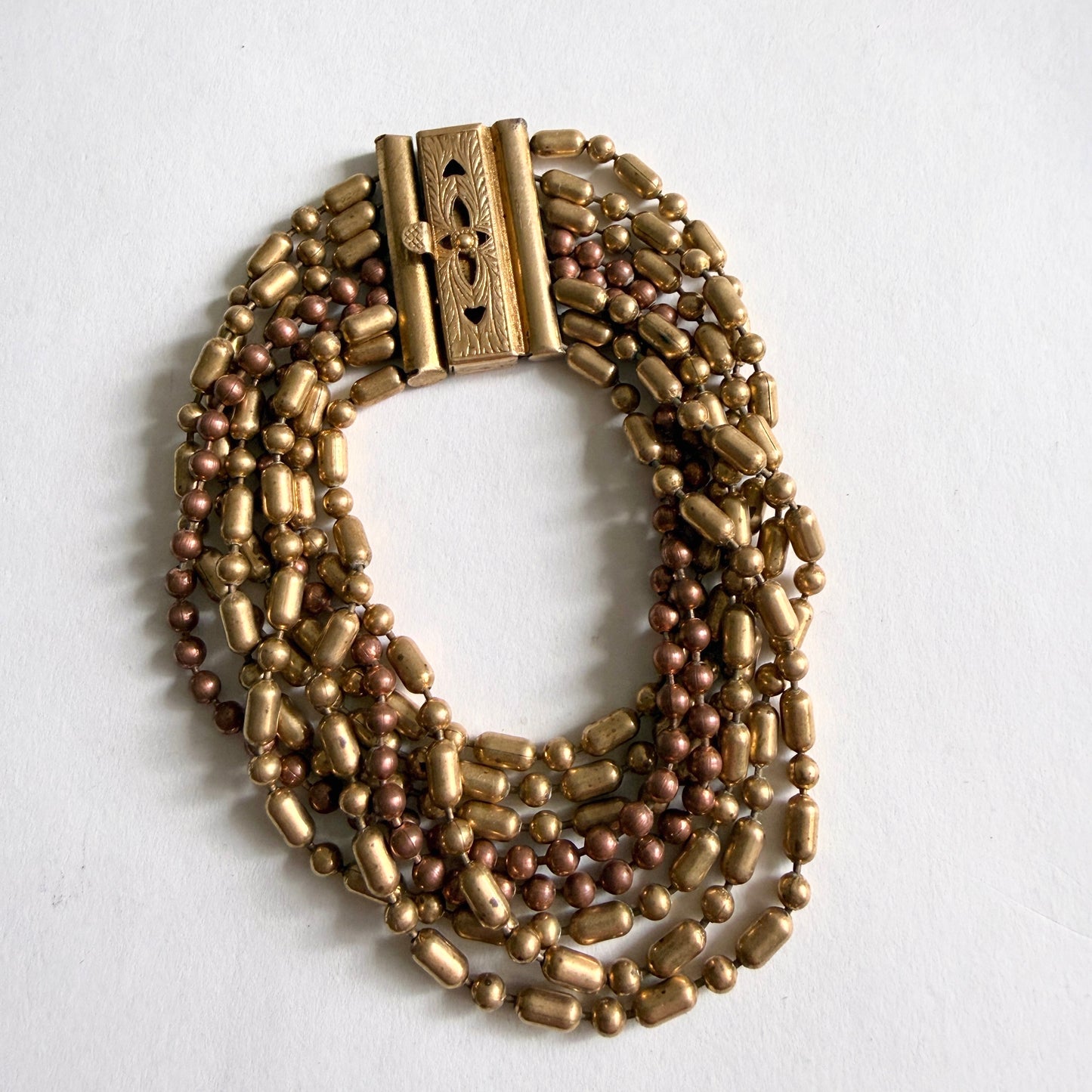 Vintage Art Deco Multi Strand Bead Bracelet Gold Bronze Filigree Clasp 1930s