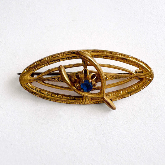 Antique Edwardian Wishbone Brooch Gold Tone with Sapphire Blue Stone c.1900–1920