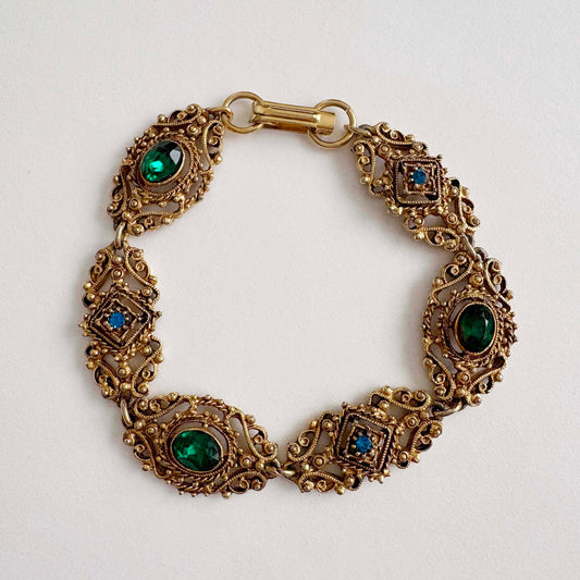 Vintage Florenza Filigree Bracelet Green & Blue Rhinestone Gold Tone
