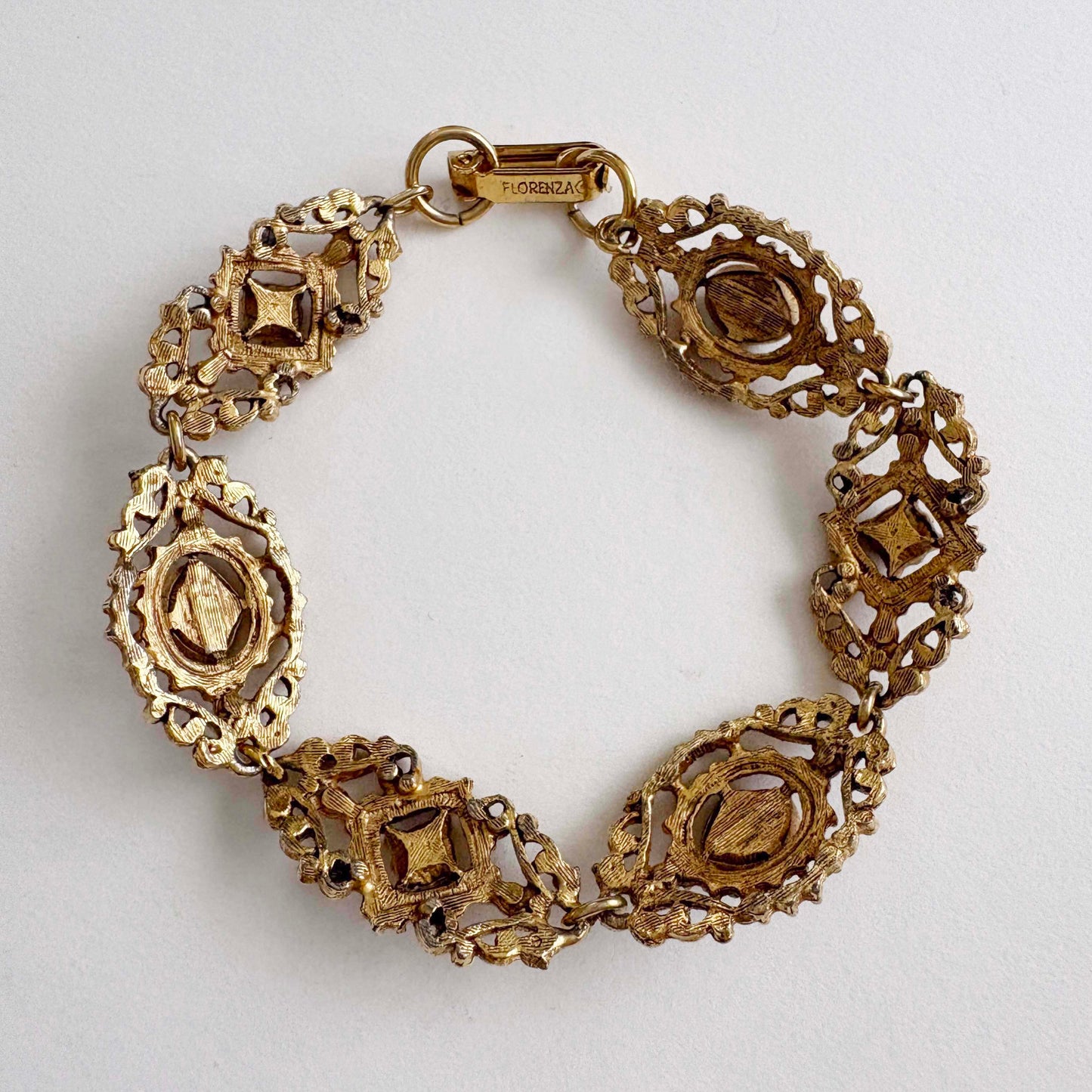 Vintage Florenza Filigree Bracelet Green & Blue Rhinestone Gold Tone