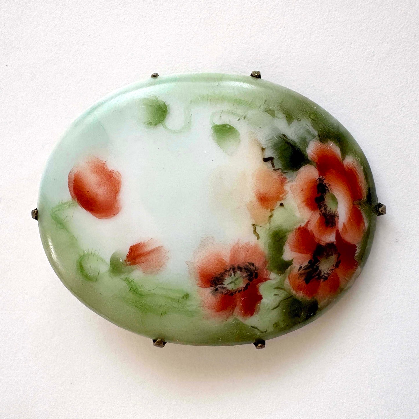 Antique Victorian Hand Painted Porcelain Poppy Brooch