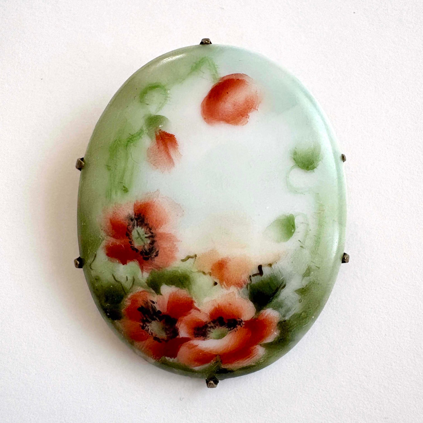 Antique Victorian Hand Painted Porcelain Poppy Brooch