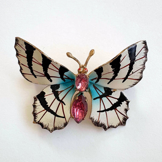 Vintage graphic enamel butterfly brooch with pink rhinestones, 1970s