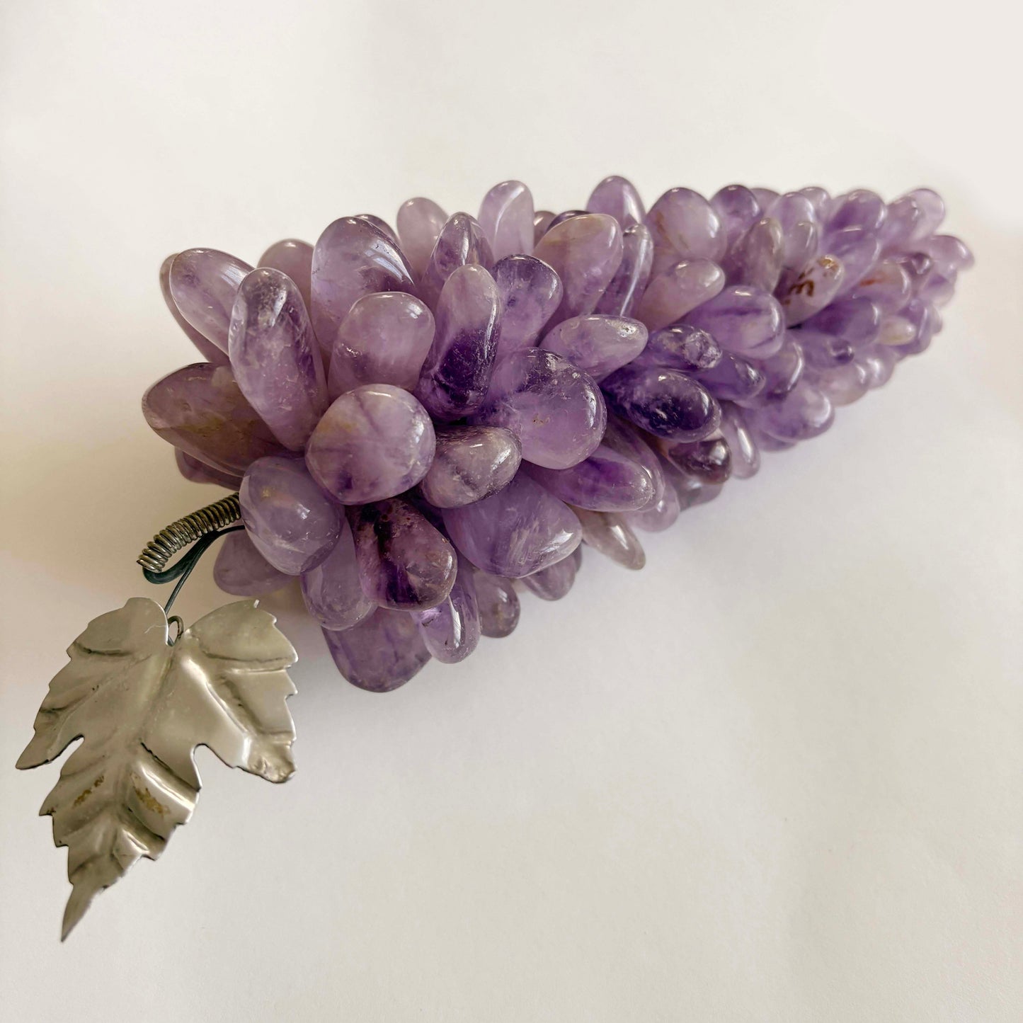 Purple stone grapes with a silver leaf on a white background