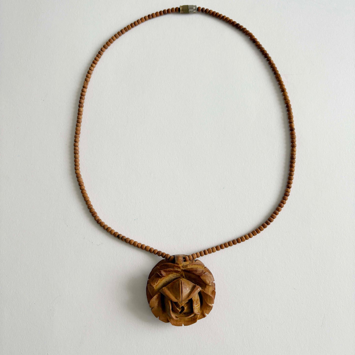 Hand-Carved Wooden Rose Pendant Necklace