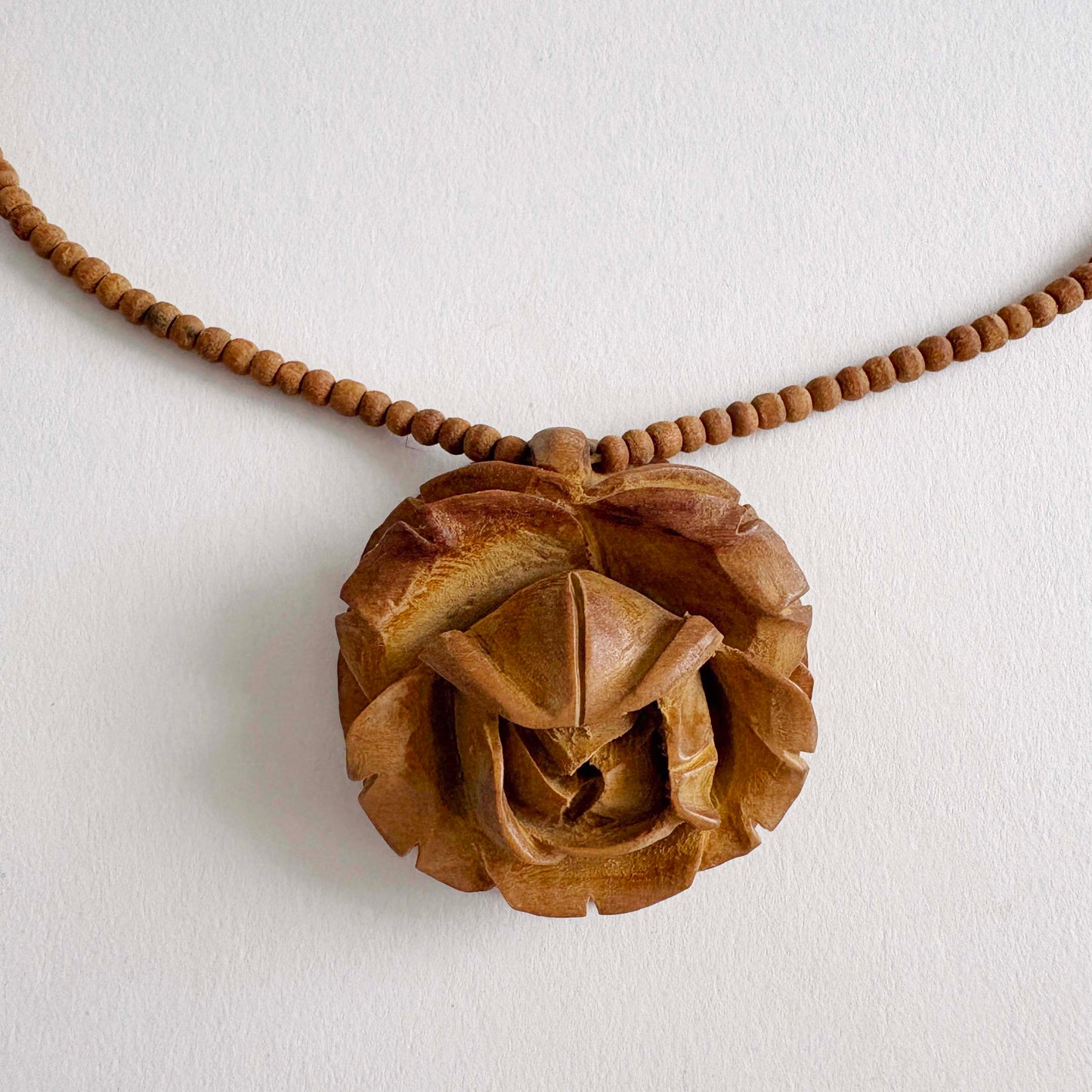 Hand-Carved Wooden Rose Pendant Necklace