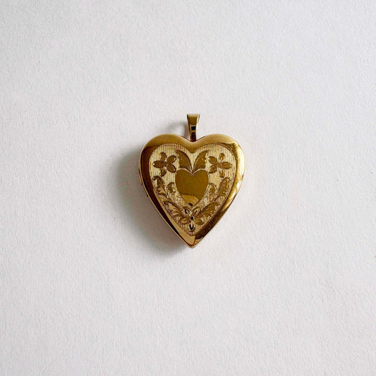 Vintage Heart Locket Pendant Gold-Tone Heart and Floral Etching