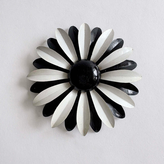 Vintage Large Black and White Enamel Flower Brooch | 1960s–1970s